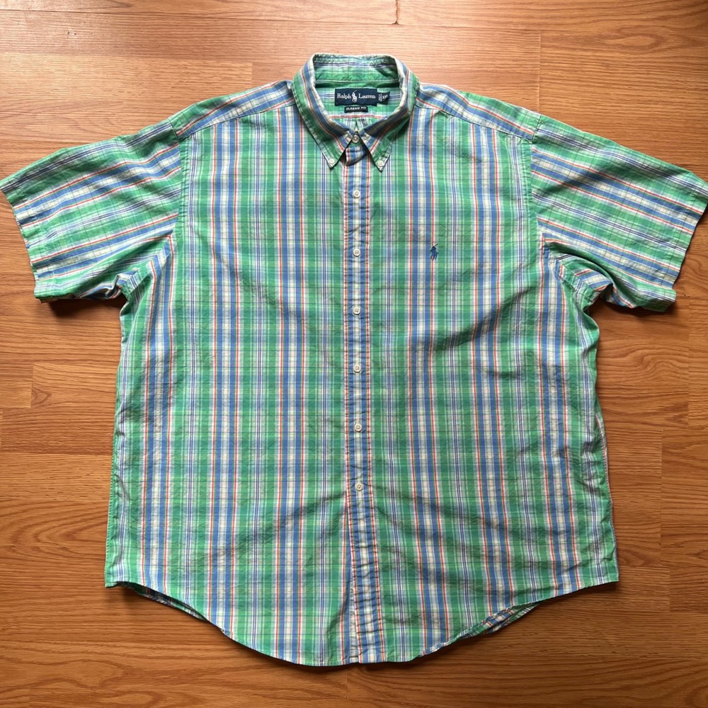 Polo Ralph Lauren Mens XXL Classic Fit Plaid Short Sleeve Button Down Shirt Grn